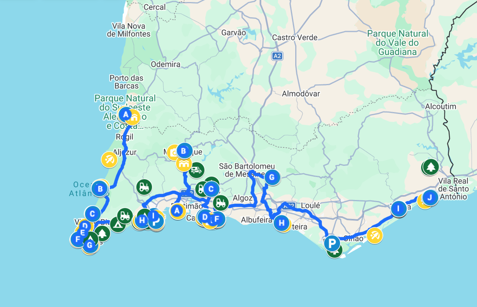 Map Road trip Algarve Itinéraire de 15 jours en Algarve